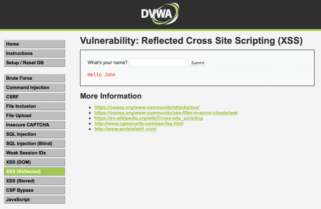 DVWA Cross Site Scripting (XSS)